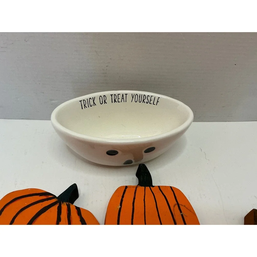 Mud Pie Ghost Candy Dish and Wooden Pumpkin Blocks Halloween Decor Set